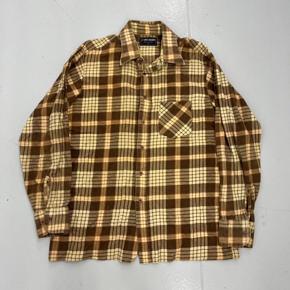 Vintage 80s Van Heusen Brown Plaid Cotton Flannel